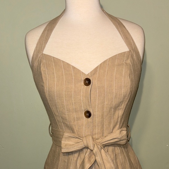 LOST & WANDER Chic tan/white striped Button-Down Halter Mini Dress size Small - Picture 3 of 13